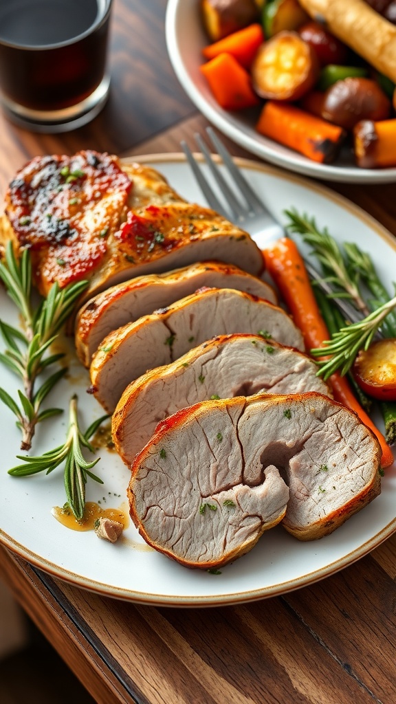 Sliced garlic herb pork tenderloin on a plate with roasted vegetables and fresh herbs.